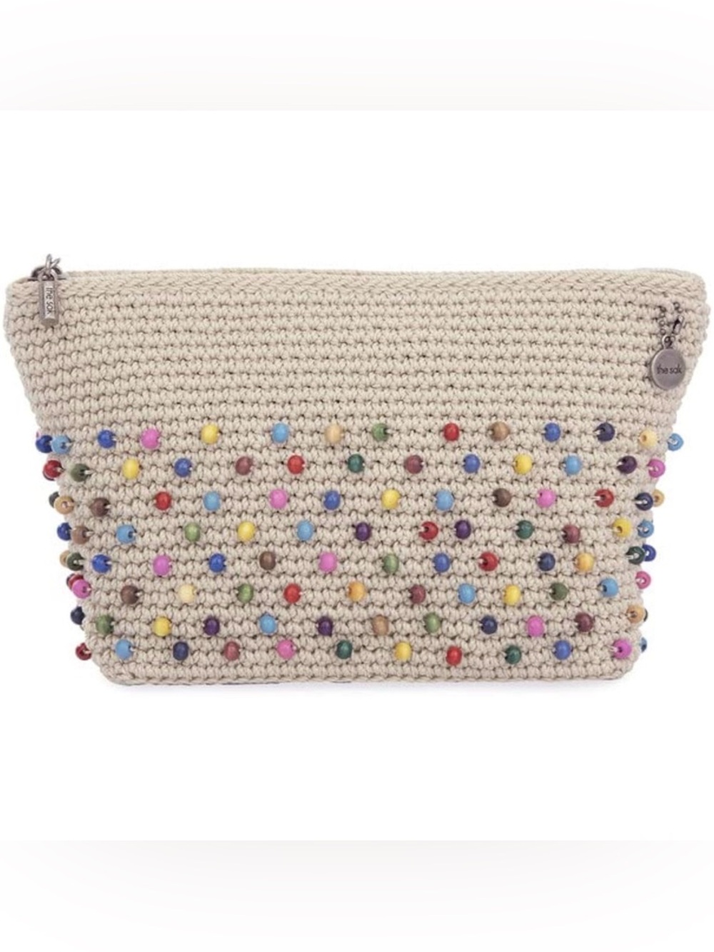 The Sak Beige Crochet Clutch with Multicolor Beads • NWT